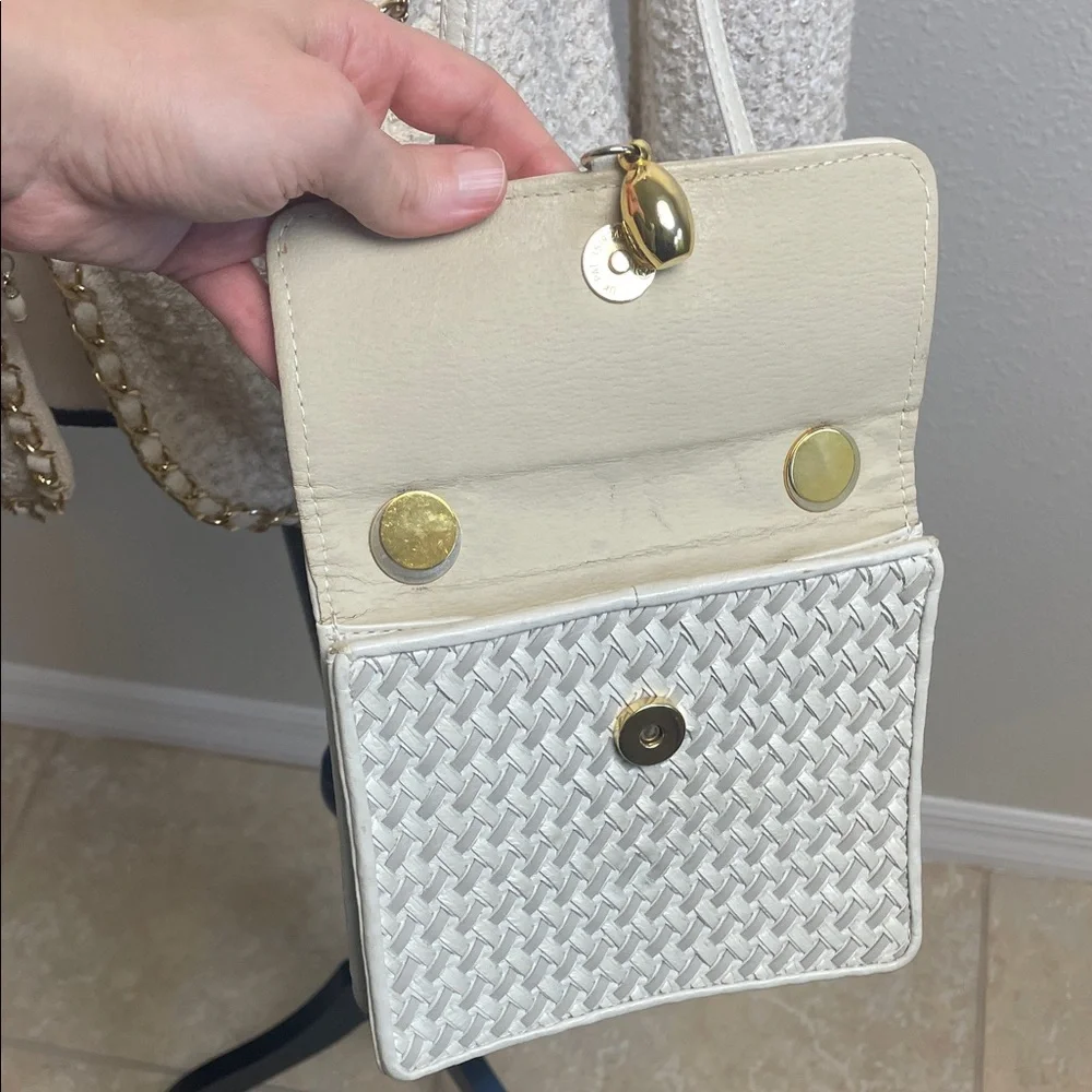Genuine Leather Beige Silver Cream Woven Crossbody Bag with Gold Accent